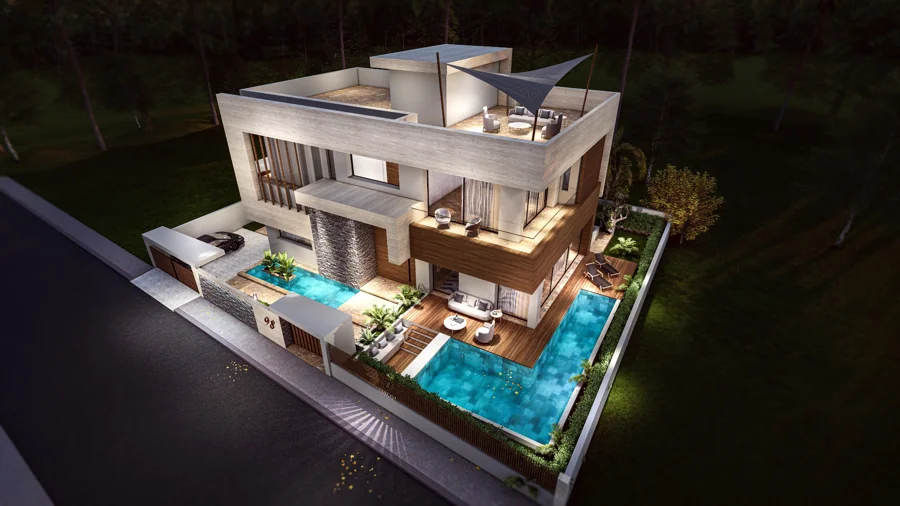 Perspective plongeante d’une villa contemporaine avec terrasses et piscine